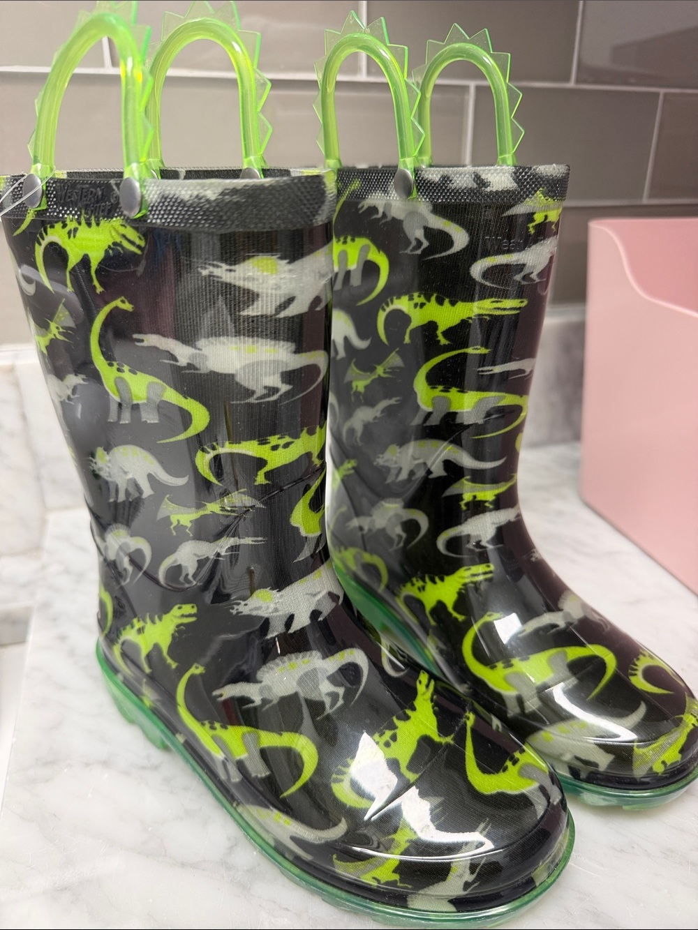 Kids Black & Neon Green Dinosaur Rain Boots
